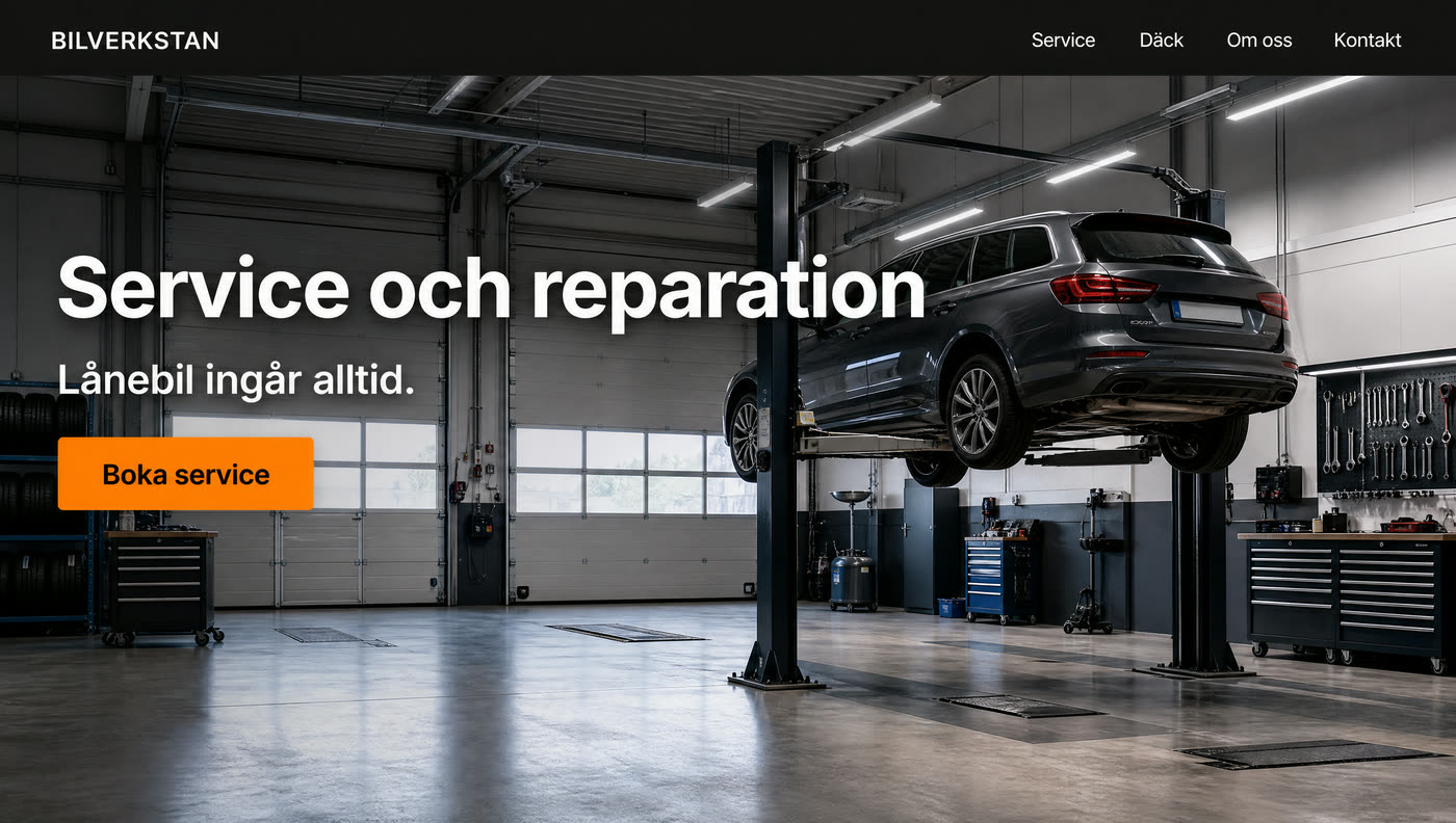 Designexempel: startsidan för en bilverkstad med rubriken Service och reparation.