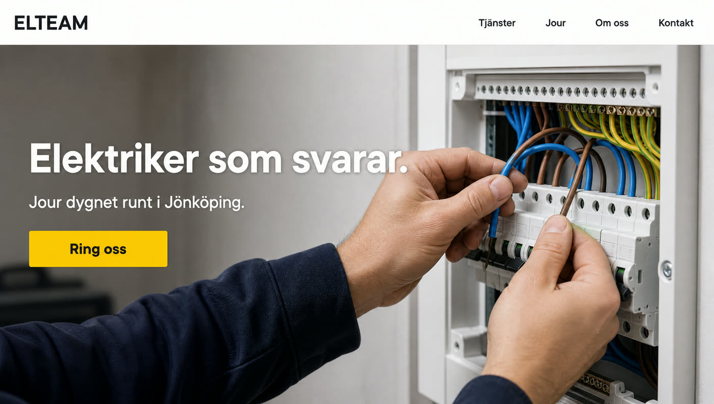 Designexempel: startsidan för en elfirma med rubriken Elektriker som svarar.