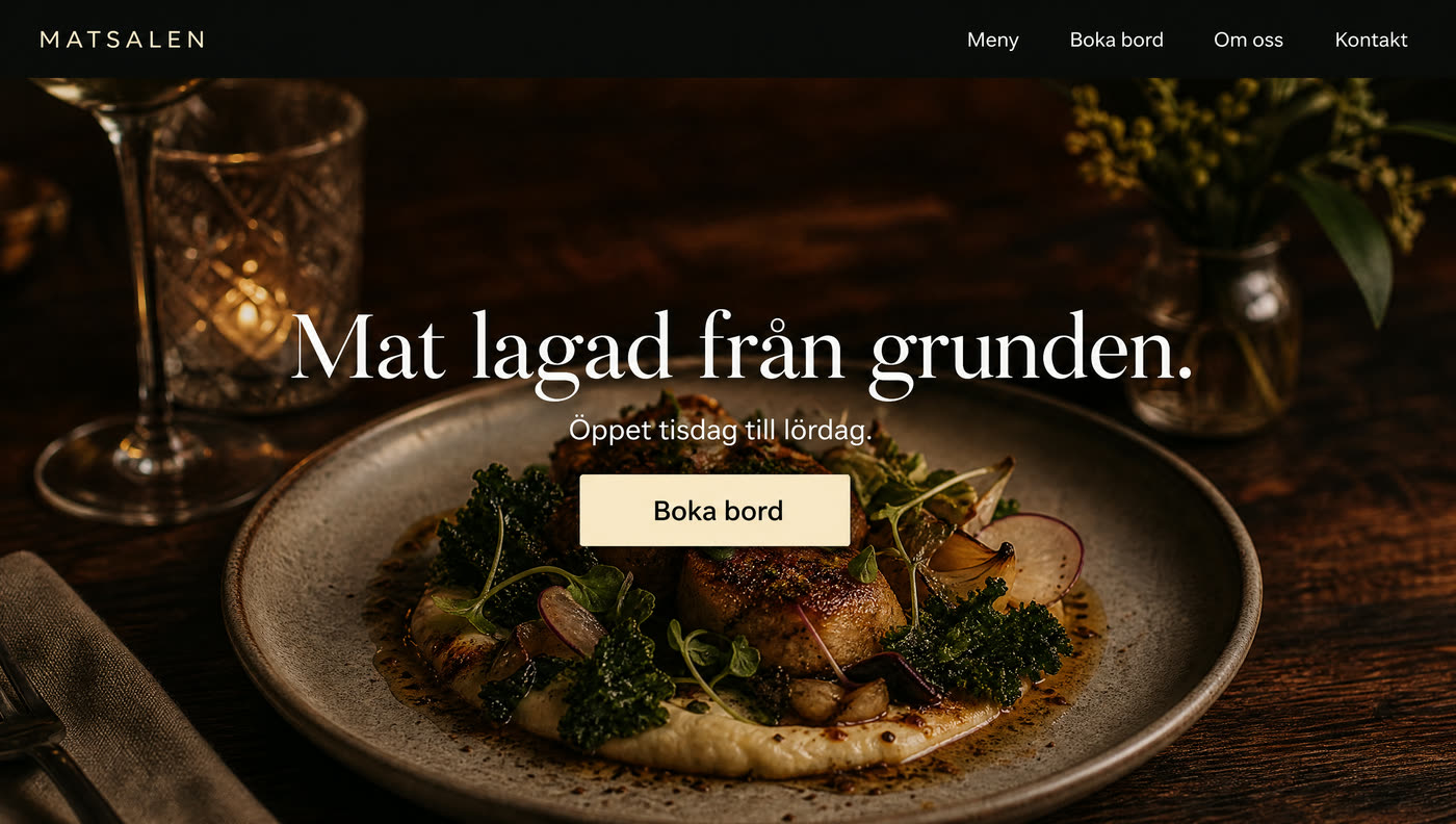 Designexempel: startsidan för en restaurang med rubriken Mat lagad från grunden.