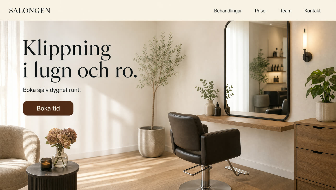Designexempel: startsidan för en frisörsalong med rubriken Klippning i lugn och ro.