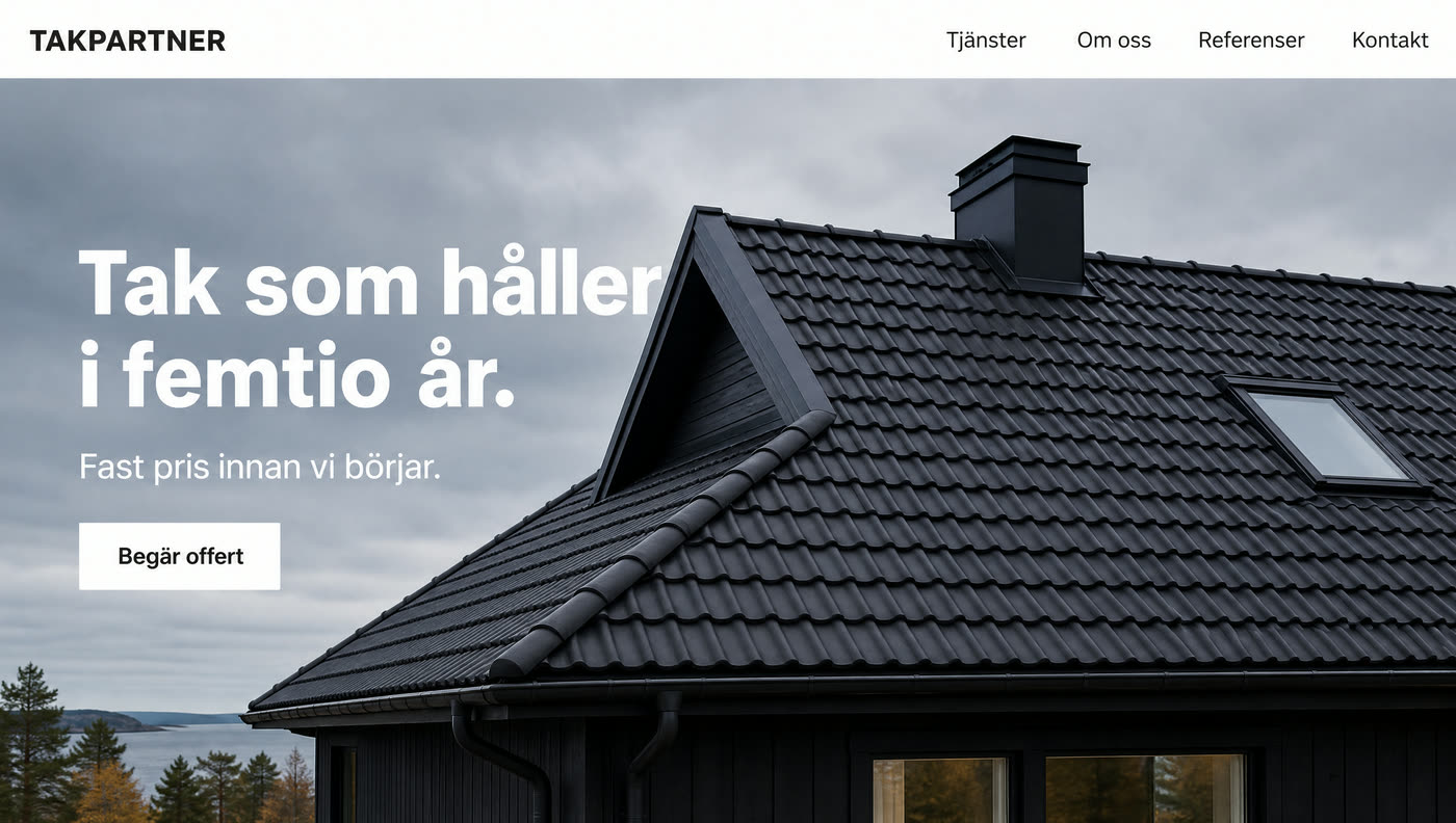 Designexempel: startsidan för en takläggare med rubriken Tak som håller i femtio år.