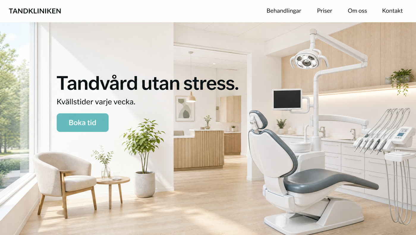 Designexempel: startsidan för en tandklinik med rubriken Tandvård utan stress.