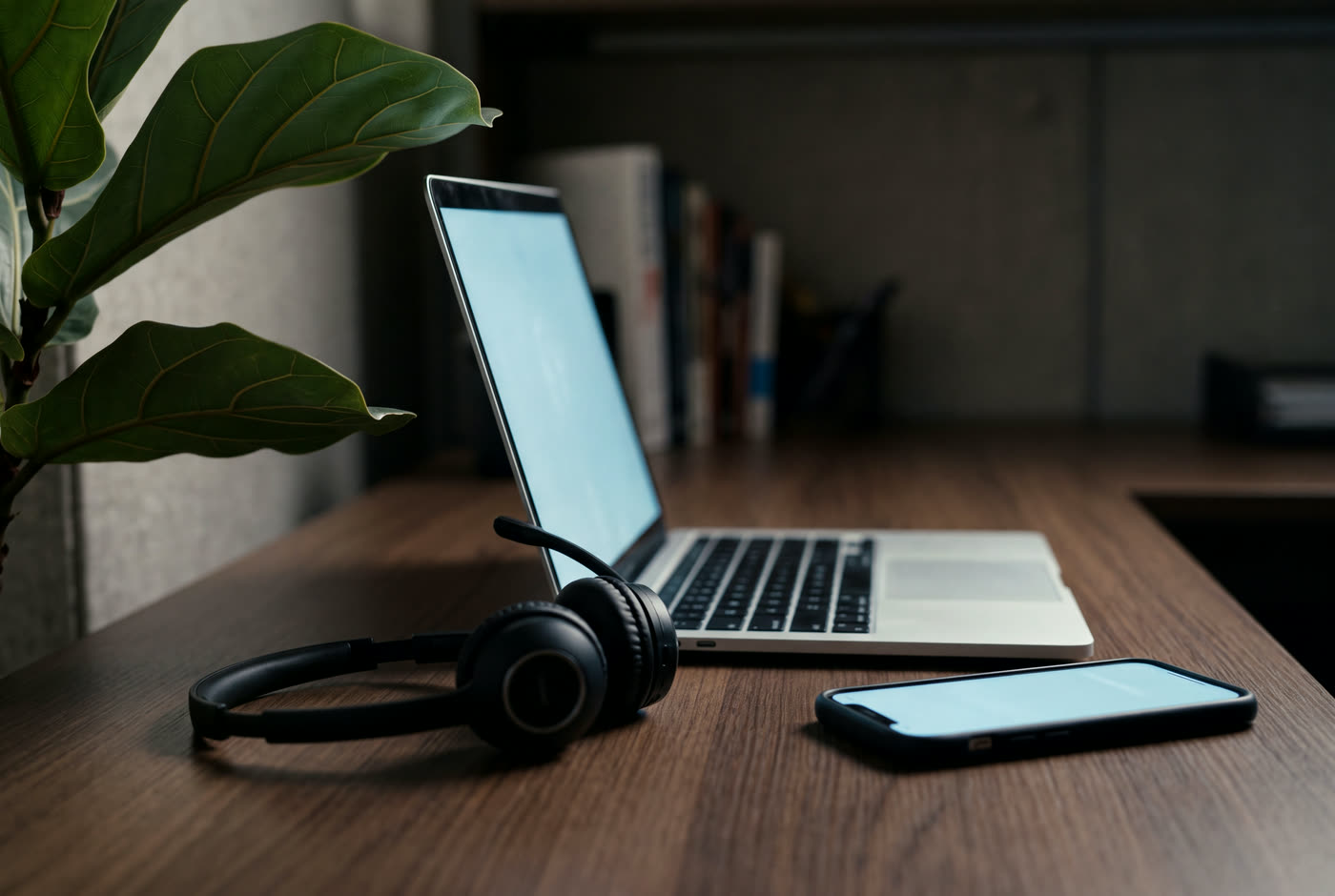 Ett headset och en laptop med lysande skärm på ett skrivbord i ett mörkt rum.