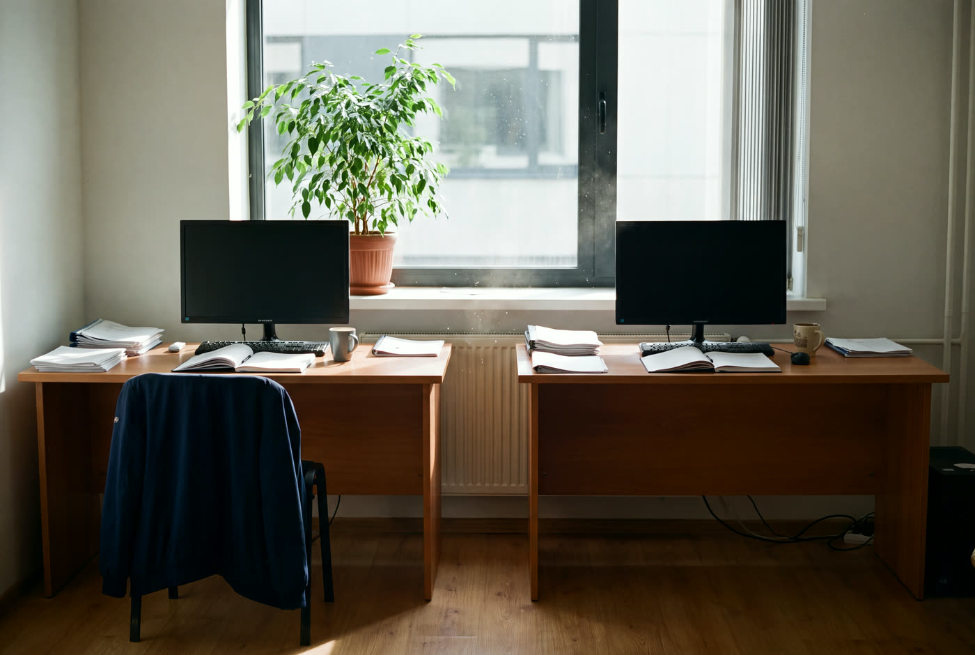 Två skrivbord sida vid sida framför ett stort fönster i morgonljus.